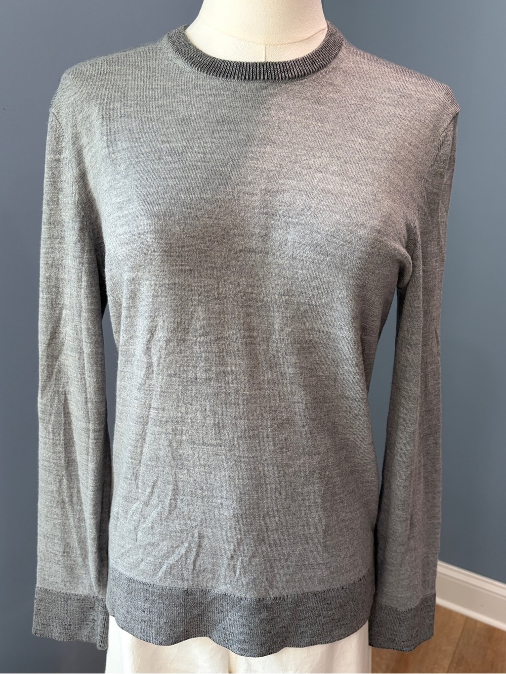 Theory Gray Merino Wool Crewneck Sweater Contrast Trim Small